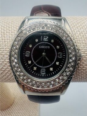 Chico's Black Dial Watch with Silver Crystal Bezel and Brown Strap